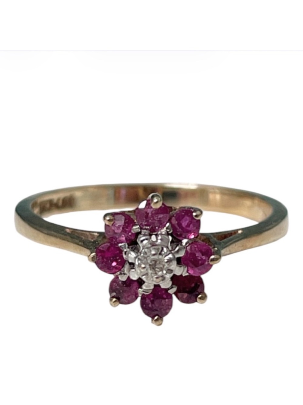 Vintage 10KP Solid Gold Ruby Diamond Cluster Flower Ring Sz 6.5